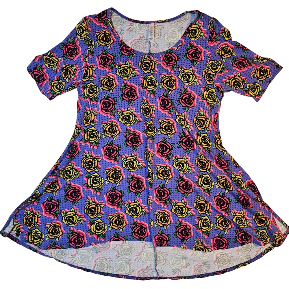 LuLaRoe Irma Tunic Top Medium Purple Rose Floral Polka Dot Short Sleeve High Low